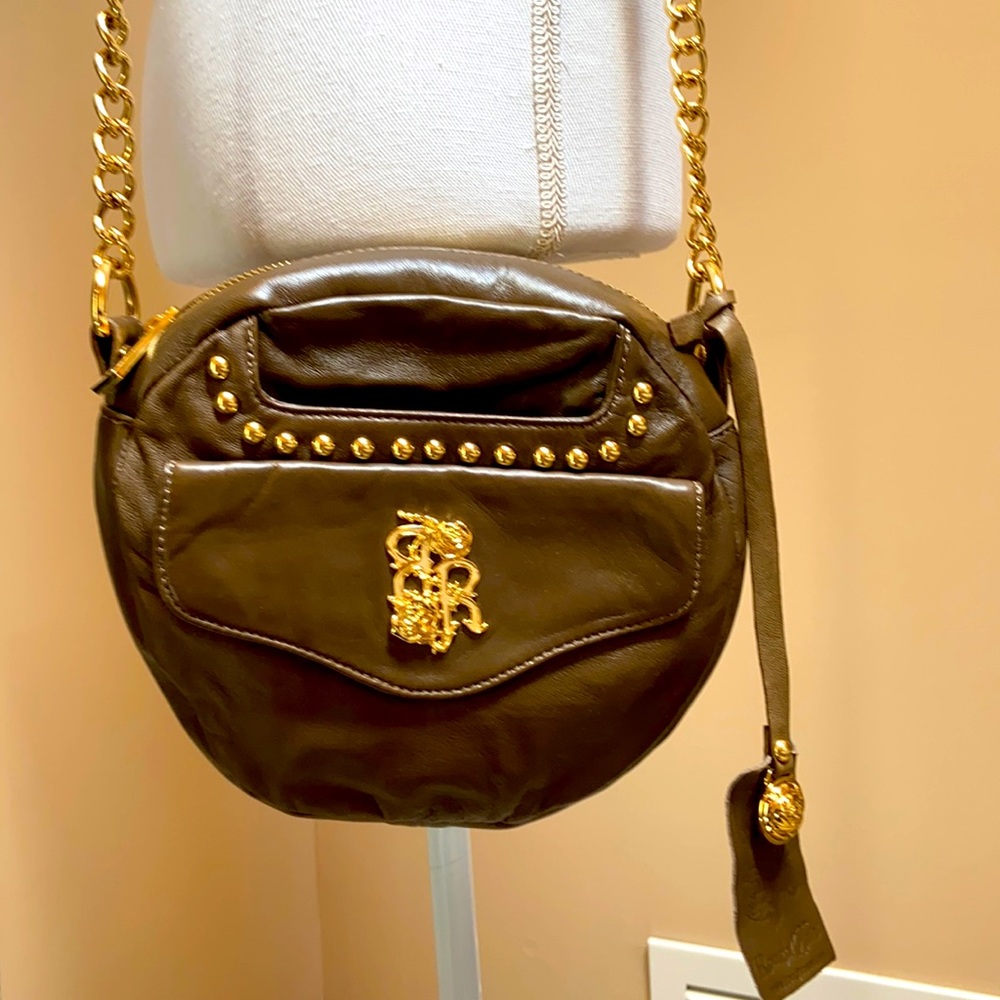 NWT Rough Roses brown round gold chain purse studded